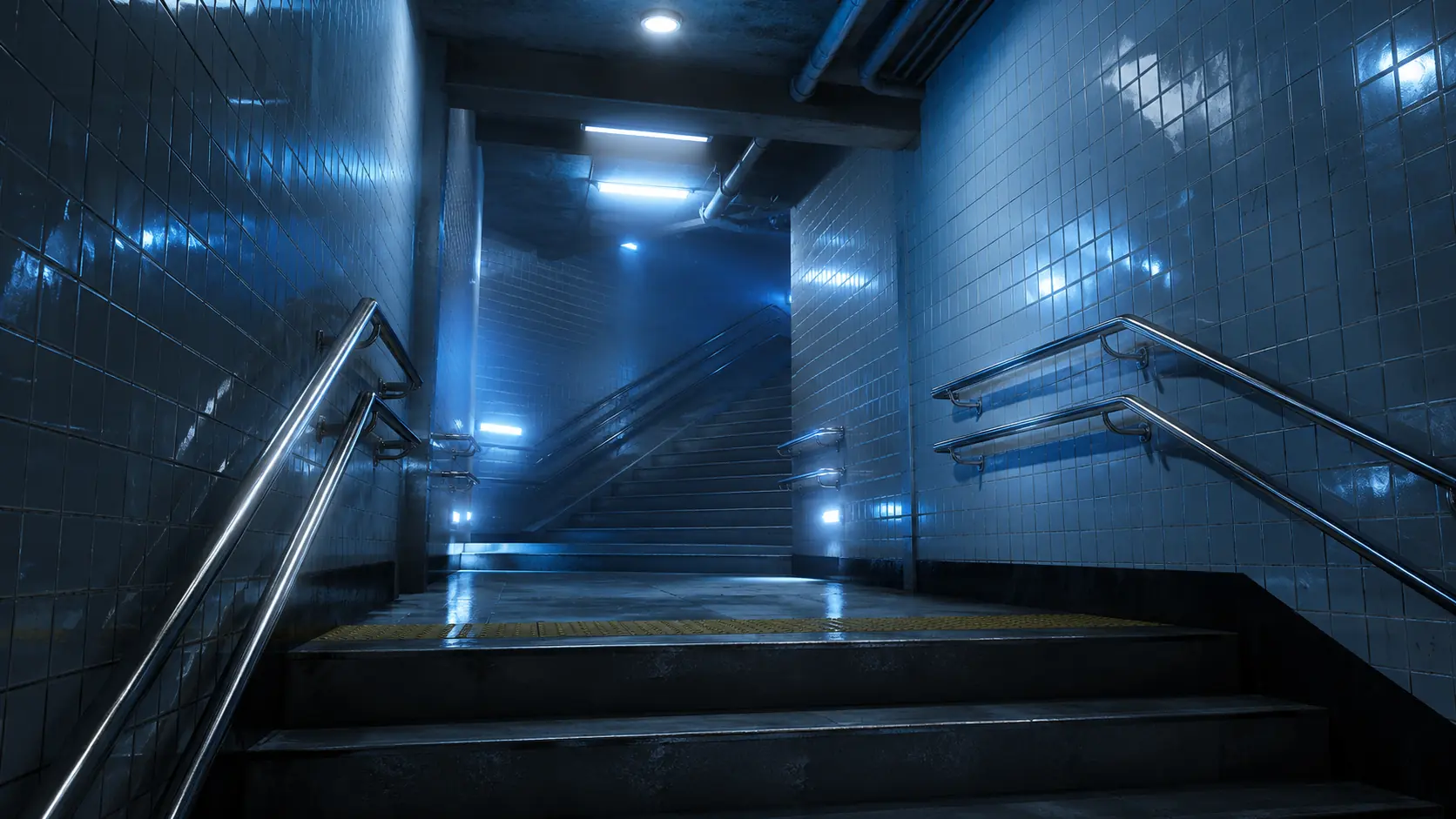 Final render of cold blue subway stairwell 3D environment