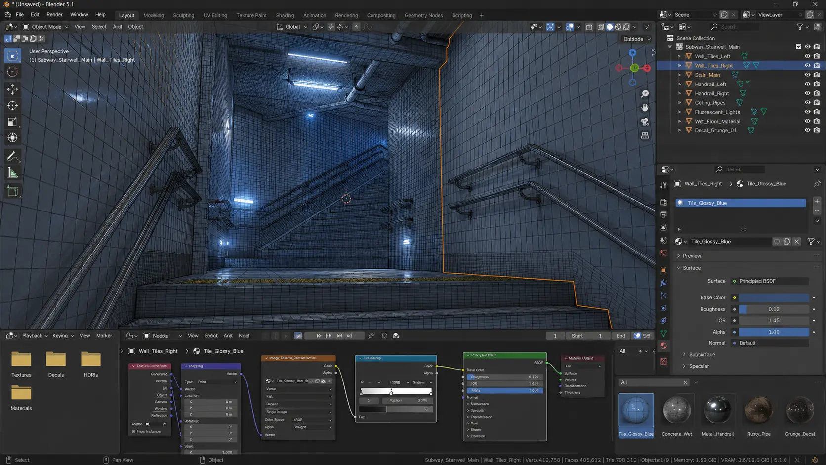 Blender 5.1 subway stairwell wireframe workflow preview